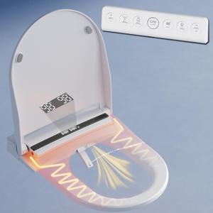 Electric Bidet Toilet Seat with Warm Water, Heated Bidet Attachment for Toilet with Dryer, Self Cleaning Round Bidet Seat with Remote Control (U-Black Display)