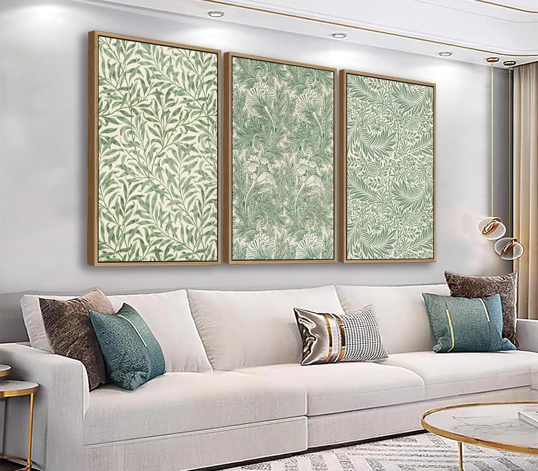 Large Flowers Wall Art for Living Room Natural Wood Float Framed Art Set of 3 William Morris Floral Canvas Pictures Vintage Artwork Green Botanical Leaf Canvas Prints for Bedroom Wall Decor 20"x28"x3