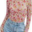 Women's Sheer Floral Long Sleeve Layering Top Ruffled Mock Neck Sheer Blouse for Casual Brunch Party Club Night Date Outfits (Floral Pink White)