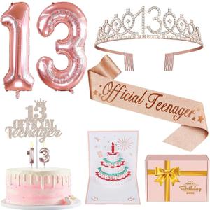 13th Birthday Decorations for Girls, Including 13th Birthday Sash and Tiara, Cake Topper and Candles, Number Balloons, 3D Pop Up Greeting Card, Teen Girl Gifts for 13 Year Old