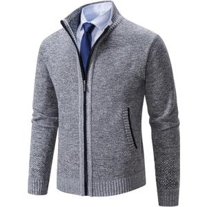 Men's Cardigan Sweaters Full Zip Up Stand Collar Slim Fit Casual Knitted Sweater with 2 Front Pockets (X-Large, 1/Light Grey)
