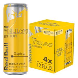 Red Bull Energy Drink, Tropical, Yellow Edition | contains caffeine, taurine, B-vitamins, sugar, and water, 12 fl oz, pack of 4 cans (EXP 11/13/26)