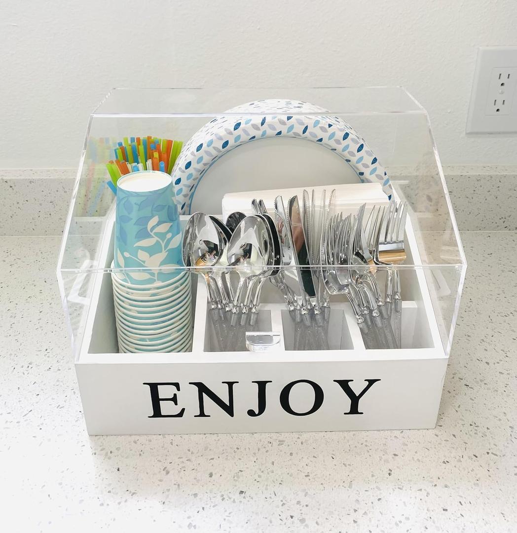 Wood disposable cutlery organizer with acrylic lid-protects from duct and insects-ideal for parties, kitchen and outdoors.