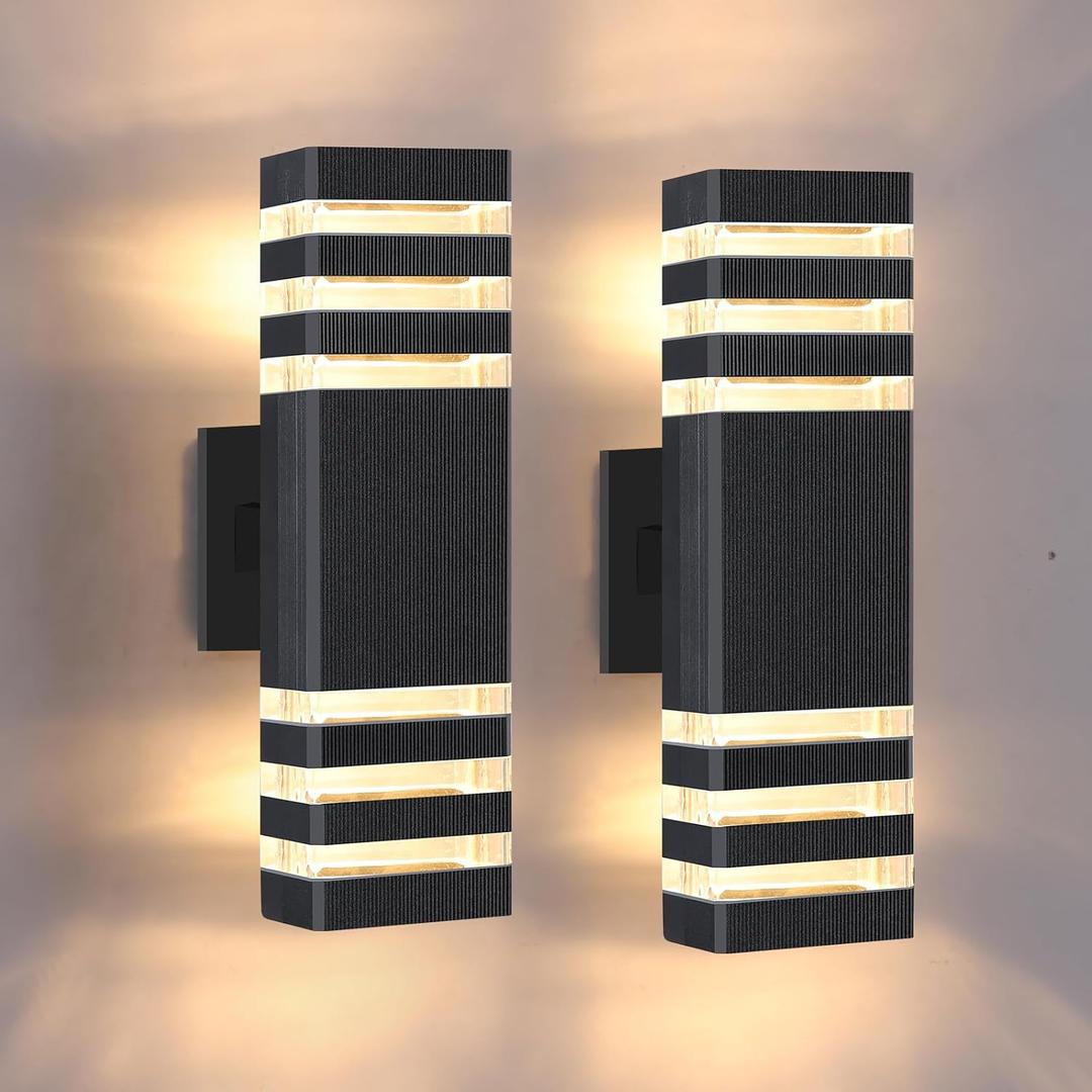 3-Layer Up and Down Modern Outdoor Wall Lights, 2-Pack Black Aluminum Exterior Sconce, IP65 Waterproof for Porch Garage Patio, Warm White 3000K, 4.13" X 2.56" X 14.96"