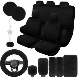JINGSEN 17 Car Seat Cover Full Set for Women,Universal Car Seat Cover,Plush Steering Wheel Cover,Fluffy Soft Wool Handbrake Gear,Suspension Accessories Full SUV((Patterned Black