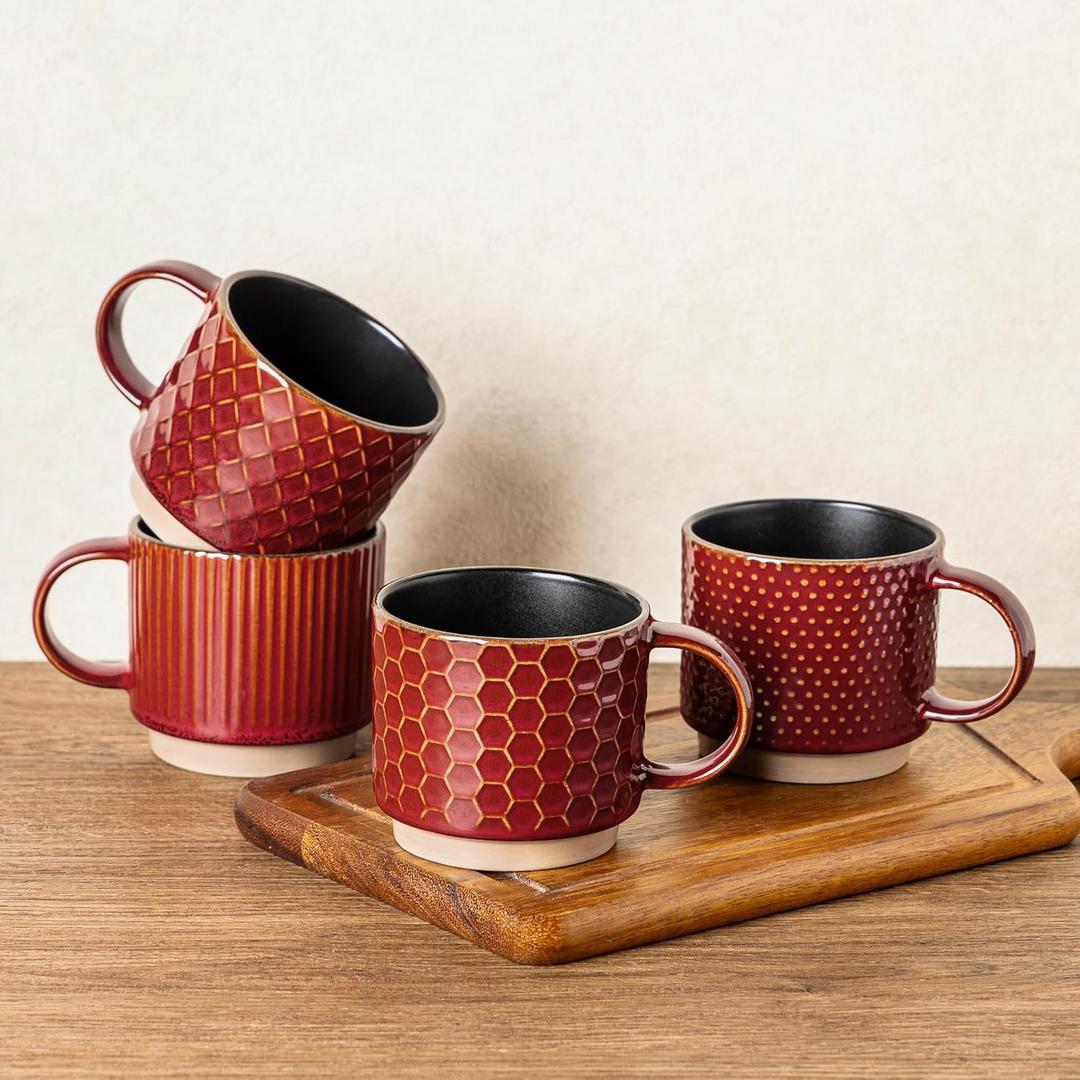 GBhome 12 OZ Stackable Coffee Mugs Set of 4, Ceramic Coffee Cups with Texture Patterns for Man,Woman,Dad,Mom, Modern Mugs Set for Latte/Cappuccino/Cocoa. Dishwasher&Microwave Safe, Red