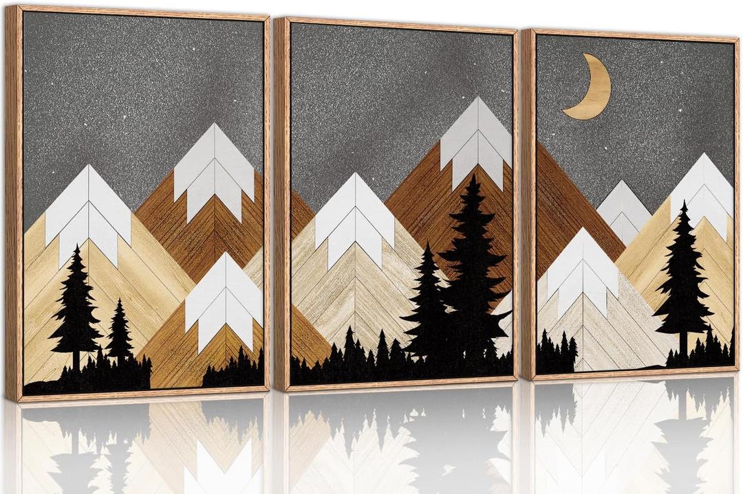 CHDITB Mountain Framed Canvas Wall Art Set, Country Wood Style Wall Decor, Rustic Farmhouse Wall Painting, Forest Nature Art Print for Living Room, Bedroom, Dinning Room, Office - Large Size 16"x24"x3