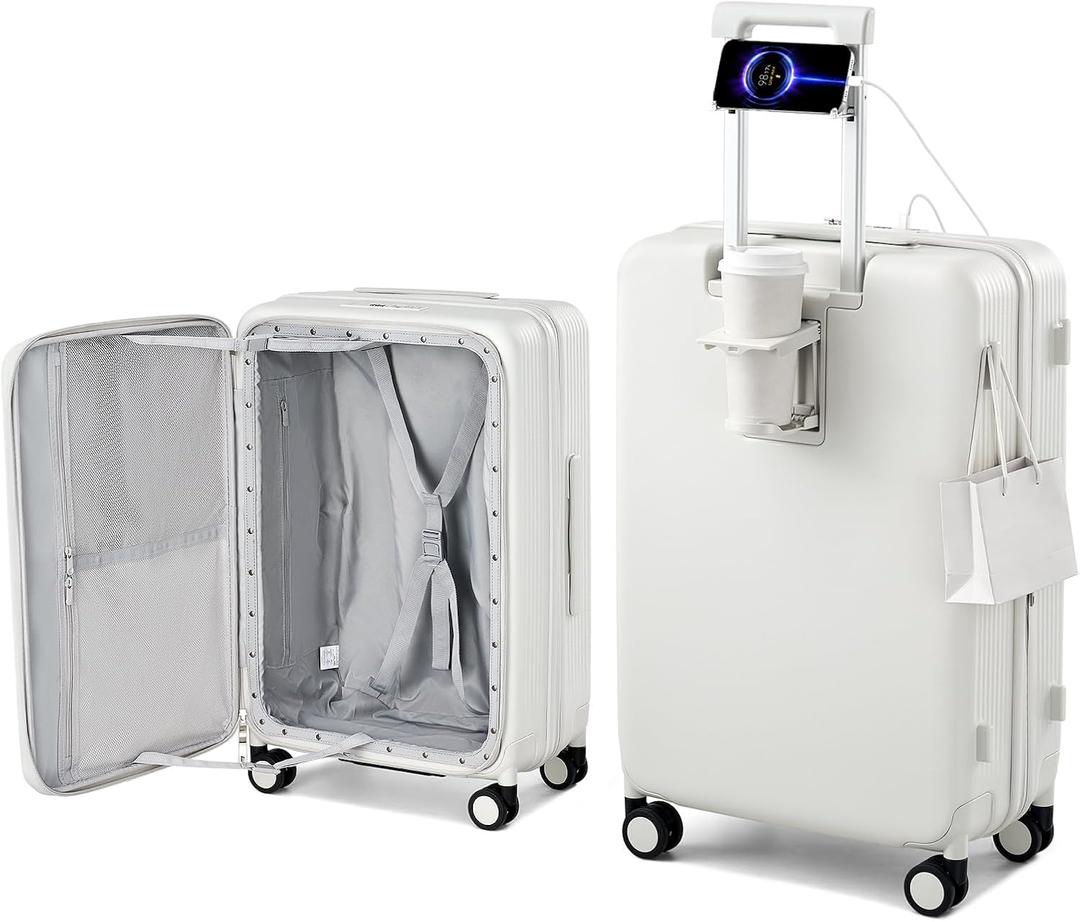 Hanke 24Inch Expandable Luggage Top Opening Medium Checked Luggage Hard Shell Suitcases with Wheels Travel Luggage Rolling Suitcase with Cup Holder(Smoke White)