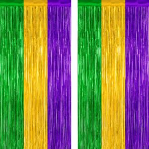 2 Pack Mardi Gras Tinsel Backdrop, 3.28 FT x 7.05 FT Metallic Fringe Curtain, Purple Gold Green Color Foil Backdrop Party Streamer, Mardi Gras Photo Booth Props Lobster Party Decorations