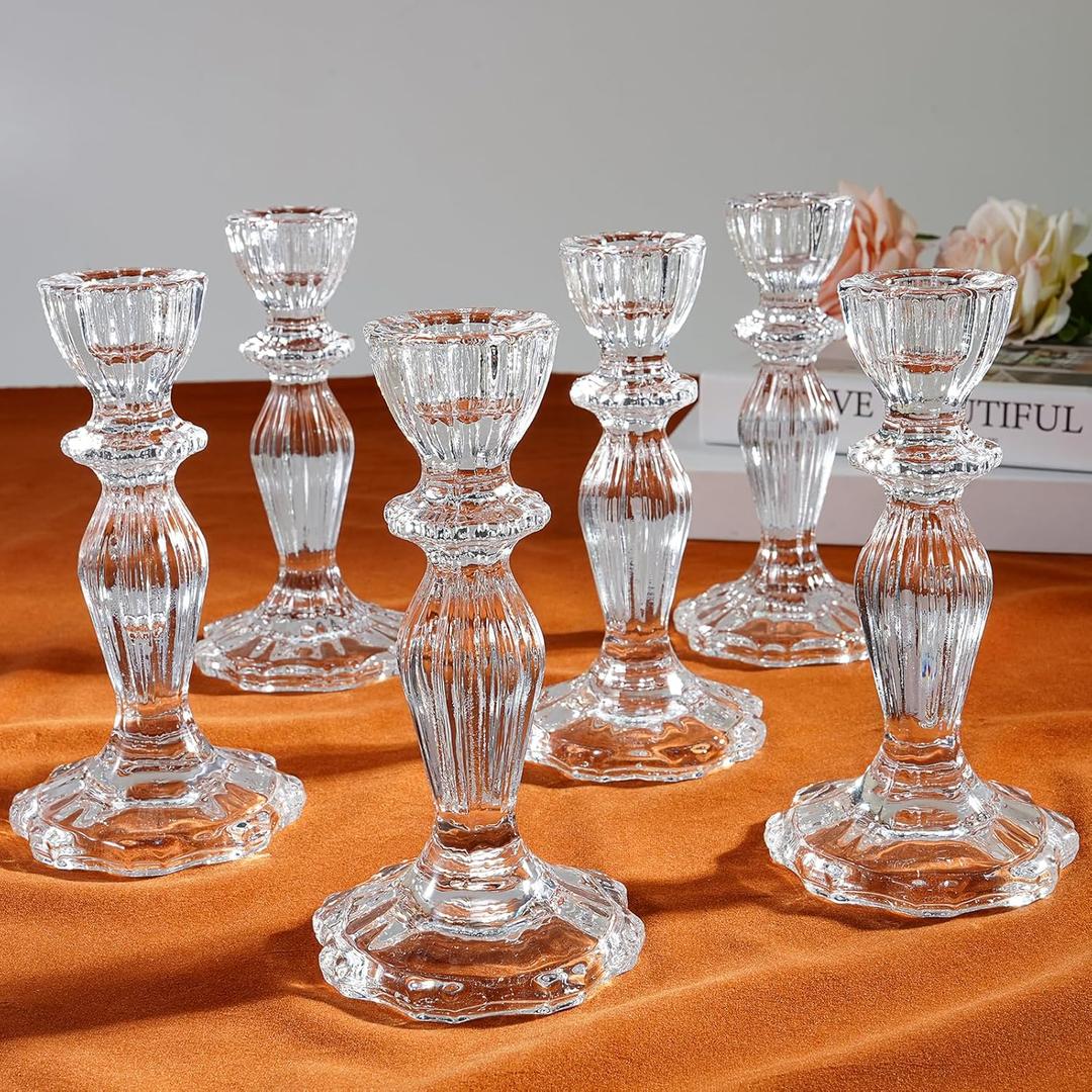 6.2" Tall Glass Candle Holder Set of 6 Taper Candles Holders for Candlesticks Clear Crystal Glass Candlestick Holders Candle Sticks Holder Decor for Wedding, Birthday, Thanksgiving,Housewarming