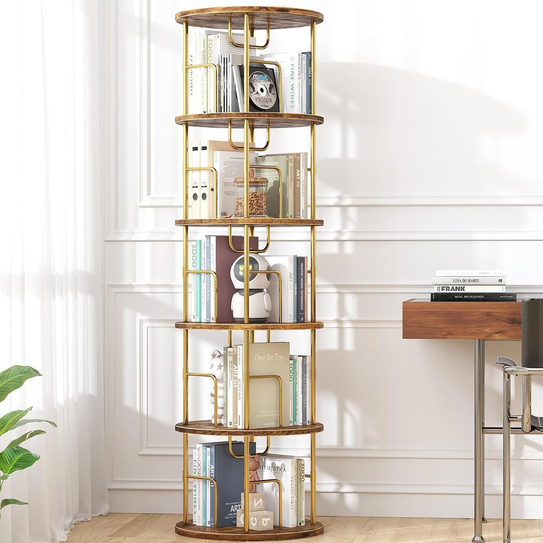 5Tier Rotating Bookshelf, 360 Display Stackable Spinning Bookshelf Tower,Round Space Saving Tall Floor Standing Swivel Bookcase Corner Storage Organizer for Bedroom/Living Room/OfficeGold