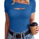 SANDERY Women's Fashion Clothes One Piece Cutout Tops Short Sleeve Ribbed Knit Slim Fitted Shirts Tee Tshirts Blue L