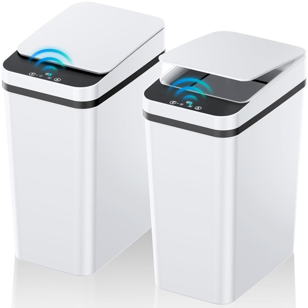 Bathroom Can with Lid, KOEYLE 2 Pack 2.2 Gallon Automatic Touchless Garbage Can, Small Motion Sensor Smart Can, Slim Waterproof Bin for Bedroom, Bathroom, Office, Living Room (White)