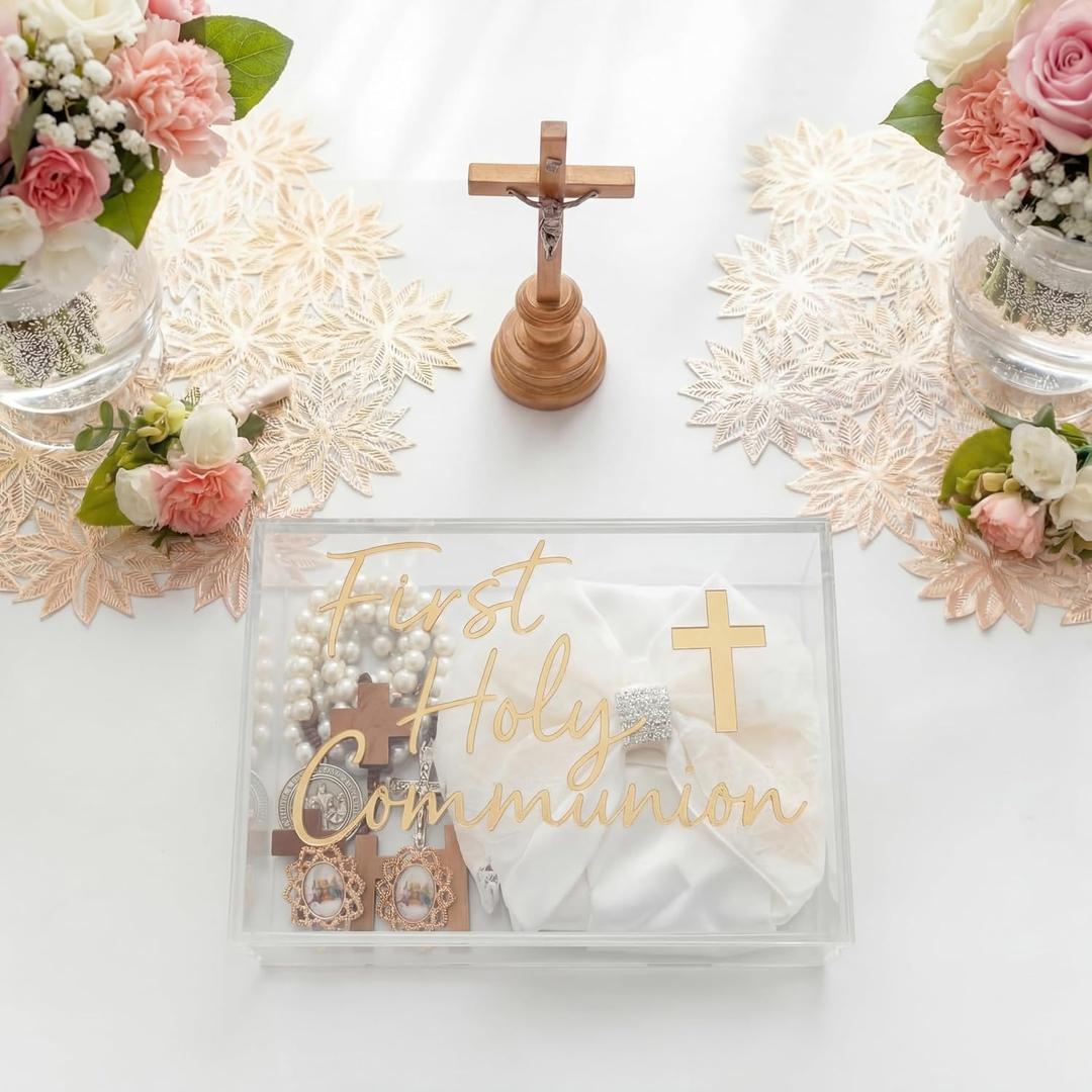 First Communion Keepsake Box Acrylic Baptism Memory Gift Box for Boy Girl Catholic Religious First Holy Communion Prayer Storage Gift for Rosary Jewelry Memento Photo, 8 x 5.5 x 2.36 Inch
