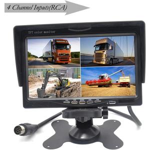 Padarsey 7" TFT LCD Car Rearview Quad Split Monitor,Remote Control, 4 Channels RCA Video Inputs(4-PIN Shockproof Connector) - 12V-24V 800480HD Screen w/Sunshade Anti-Glare