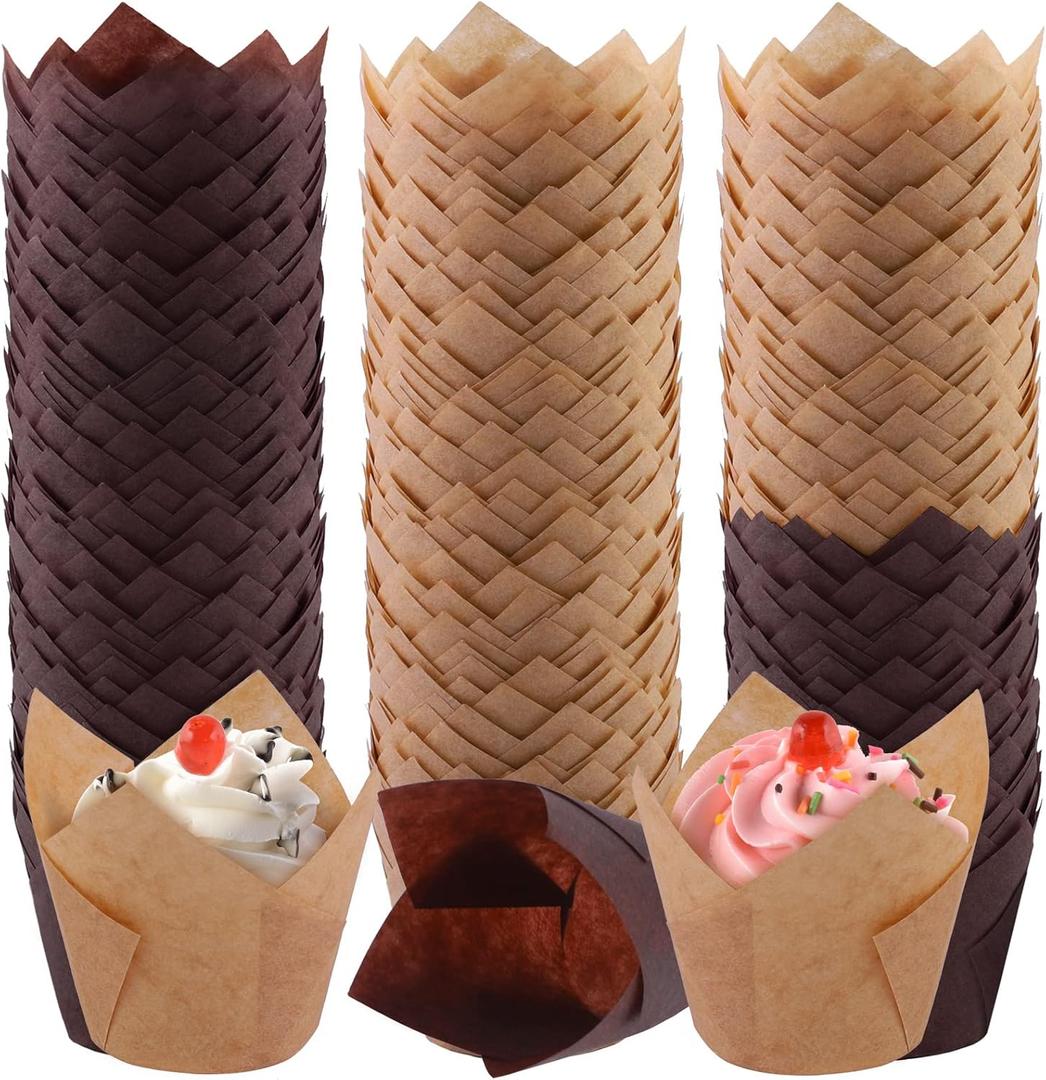 Aodaer 240 Pieces Mini Tulip Baking Cups Muffin Liners Cupcake Cases Baking Cup Holders for Wedding, Birthday, Baby Shower, Brown, Natural (1.38 Inches)