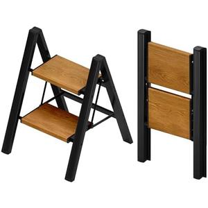 Taranta 2 Step Ladder,Aluminum Lightweight Folding 2 Step Stool with Anti-Slip Wide Pedal, 330lbs Capacity Step Ladder for Household,Kitchen,Office - BlackWoodgrain