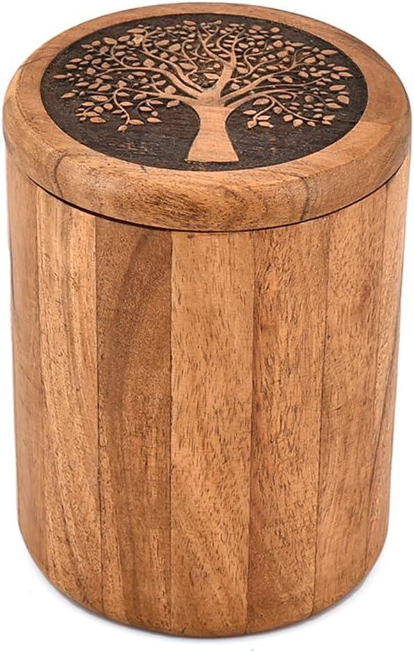 Kimona Acacia Wood Storage Jar with Lid  Tree of Life Engraved Round Wooden Canister for Kitchen Storage (4.5 x 4.5 x 6 Inches)