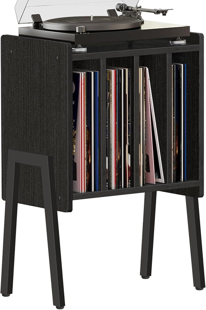 TUTOTAK Record Player Stand, Record Storage Table, End Table with Vinyl Holder Display Shelf, Side Table, Turntable Stand, Nightstand (Black)