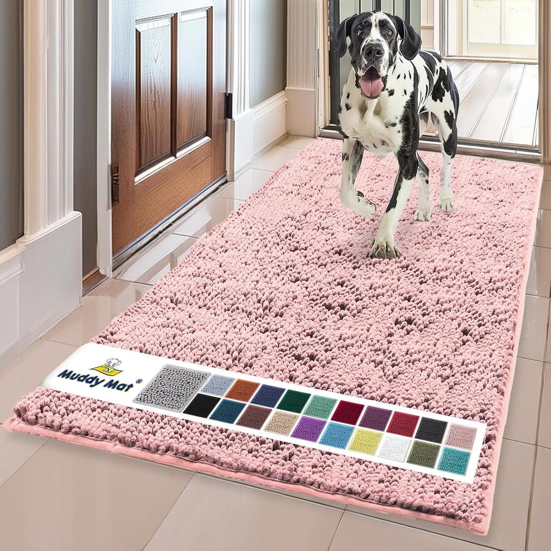 Muddy Mat | Super Absorbent Door Mat Indoor, Microfiber Quick Dry Chenille Entryway Rug, Non-Slip Front Door Mat, Indoor Mats for Entryway, Machine Washable Pet Rug, Pink 24"x60"
