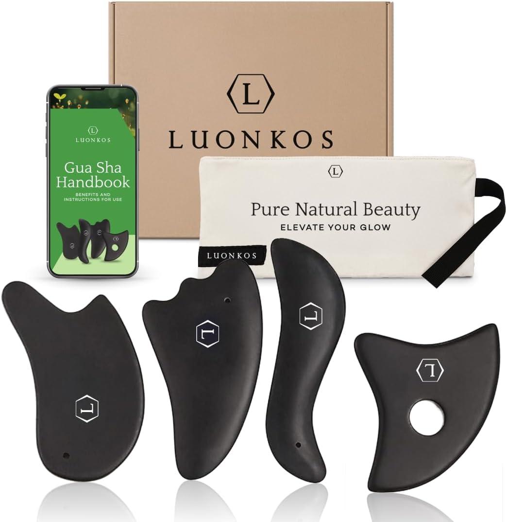 Gua Sha Facial Tools Set of 4 - Large Bian Stone for Face & Body Massage - Glowing Massage Tool & Body Set for Daily Skincare Routine