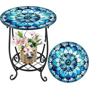 Cinnvoice 14" Outdoor Side Table Round Small Mosaic Patio Accent Indoor End Plant Metal Coffee Tea Table for Yard Porch Garden Patio Living Room, Bedroom(Mandala Flower Style, 14")