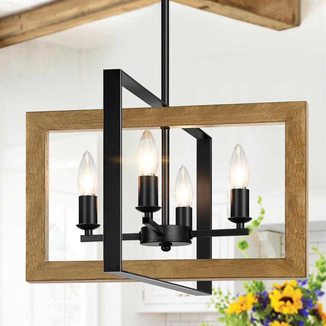 17" Farmhouse Wood Chandelier, (4-Light, 17-Inch), Rustic Dining Room Light Fixtures Over Table, Adjustable Hanging Light Fixture for Kitchen, Living Room, Foyer, Entryway