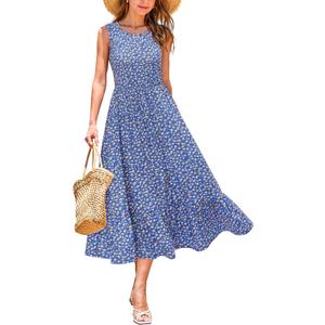 STYLEWORD Women's Summer 2026 Casual Short Sleeve Tiered Flowy Spring Dress Long Midi Beach Sundress Vacation Outfits (M, Sleeveless - Blue Yellow Floral)