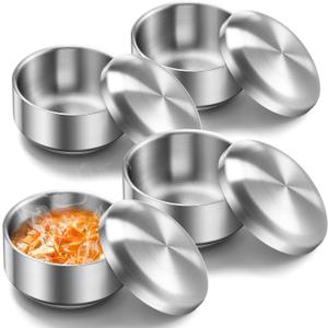Reallnaive 4 Sets 17 oz Stainless Steel Korean Soup Rice Insulated Bowl with Lid for Metal Cereal Kitchen Restaurant Double Walled Anti Scalding Bowls for Soup Salad Noodles (Sliver)