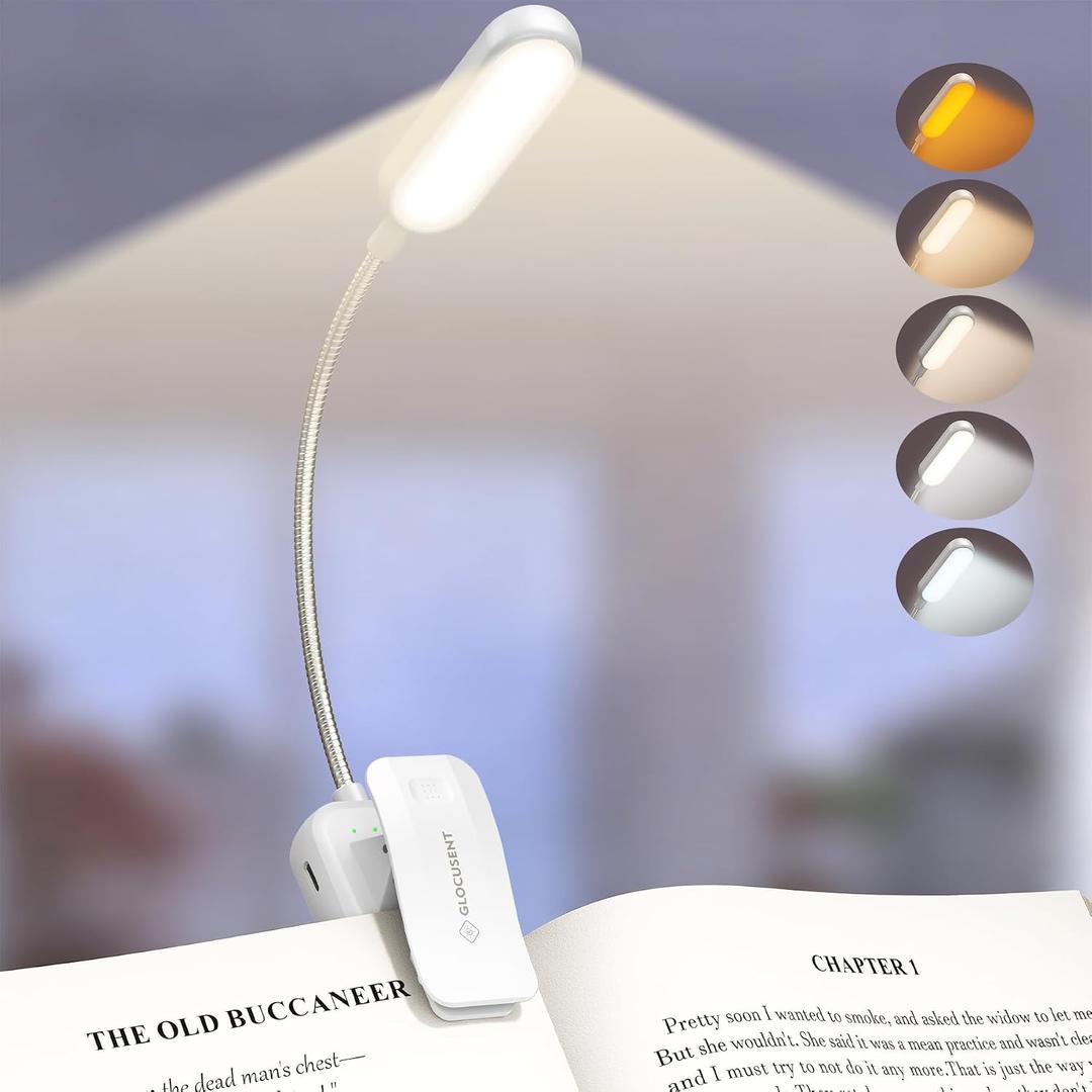 Glocusent 20 LED Reading Lights for Books in Bed, Eye Caring Reading Light, 5 Colors & 5 Brightness 3–100LM Dimmable, 1200mAh Rechargeable Book Light to 90H, Lightweight Clip on Light for Book Lovers, White