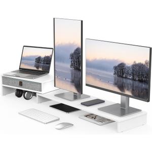 Fenge Computer Monitor Riser Stand with Drawer for 2 or 3 Monitors ,Adjustable Length and Angle Desktop Laptop Stand,Office Organizer,Printer,White, 10 x 2 x 2.7 inches
