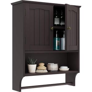 Smuxee Brown Wall Cabinet with Towel Bar - Medicine Cabinet with Adjustable Shelves, Over Toilet Cabinet for Laundry Room Kitchen, Big