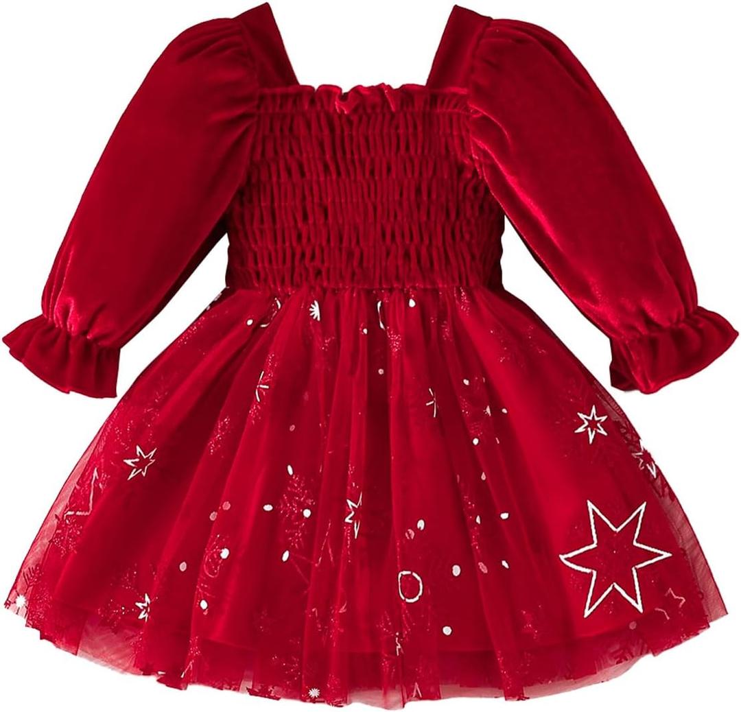 Toddler Smocked Velvet Tulle Tutu Long Sleeve Shiny Sequins My First Christmas Baby Girl Outfits Infant Wedding Dress (12-18 Months, Red Star)