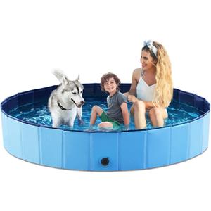 Jasonwell Foldable Dog Pool Collapsible Hard Plastic Dog Swimming Pool Portable Kiddie Pool Pet Pool Doggie Wading Pool Bath Tub for Puppy Small Medium Large Dogs Cats and Kids 79" (Plastic Board Blue)
