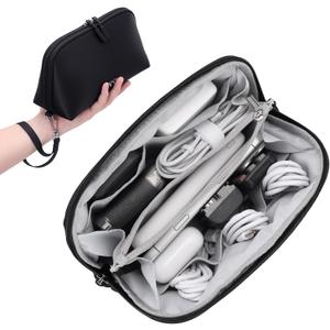 FYY Travel Cable Organizer - 8 Compartments Lightweight Water Resistant Tech Pouch with Wrist Strap Portable Electronic Accessories Case for Cord Charger Storage for Travel Home Office Black (Medium)