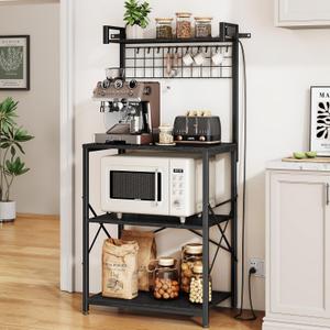 SNTD Bakers Rack with Power Outlet, Kitchen Shelves Microwave Stand with Wire Grid and 10 Hooks, 4 Tiers Coffee Stand (Black, 23.5 x 15.6 x 52.8 Inches)