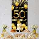 Vicycaty 50th Birthday Decorations for Men & Women, Fabric Happy 50th Birthday Banner Backdrop, 50 Year Old Party Photo Props, Yard Sign, Welcome Door Decor Supplies, Black Gold, Indoor Outdoor Use