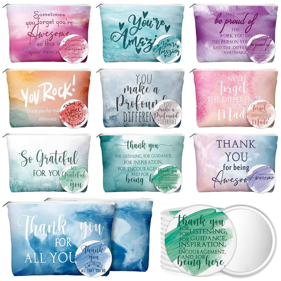 Vercraft 20 Pcs Employee Appreciation Gifts for Women Teacher Inspirational Canvas Makeup Bag Portable Compact Mirror Bulk Cosmetic Bag Thank You Gifts Volunteer Nurse Coworker (Recognition,Pastel)