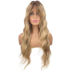 JOLNVCA Long Wavy Wig Ombre Blonde Wig with Bangs for Women Lace Hairline Synthetic Heat Resistant Fiber Middle Part Natural Looking Daily Cosplay Party 26 inch