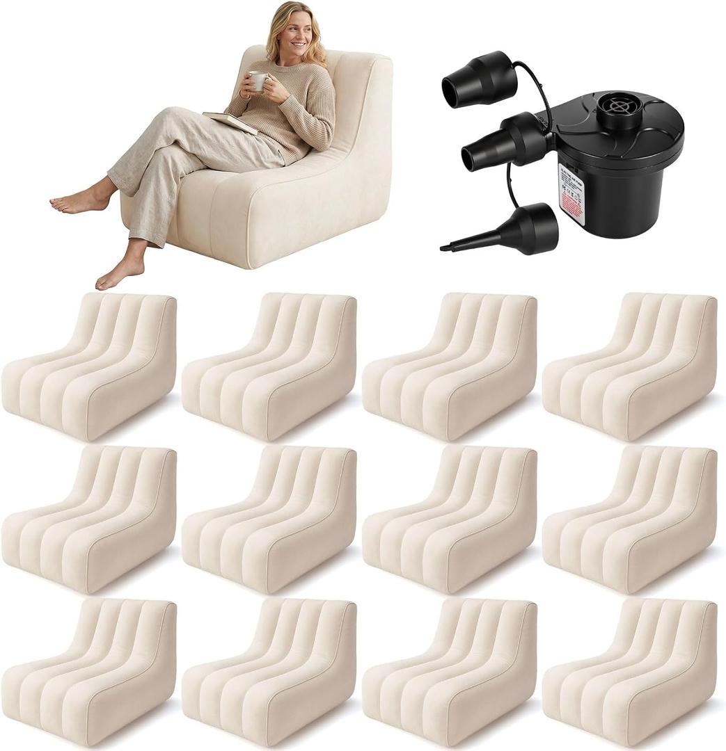 12 Pcs Inflatable Chairs for Adults, Blow up Couch with Electric Air Pump, Inflatable Chair for Movie Night Flocking Portable Blow up Furniture Beanbag Sofa for Living Room Party (Beige)