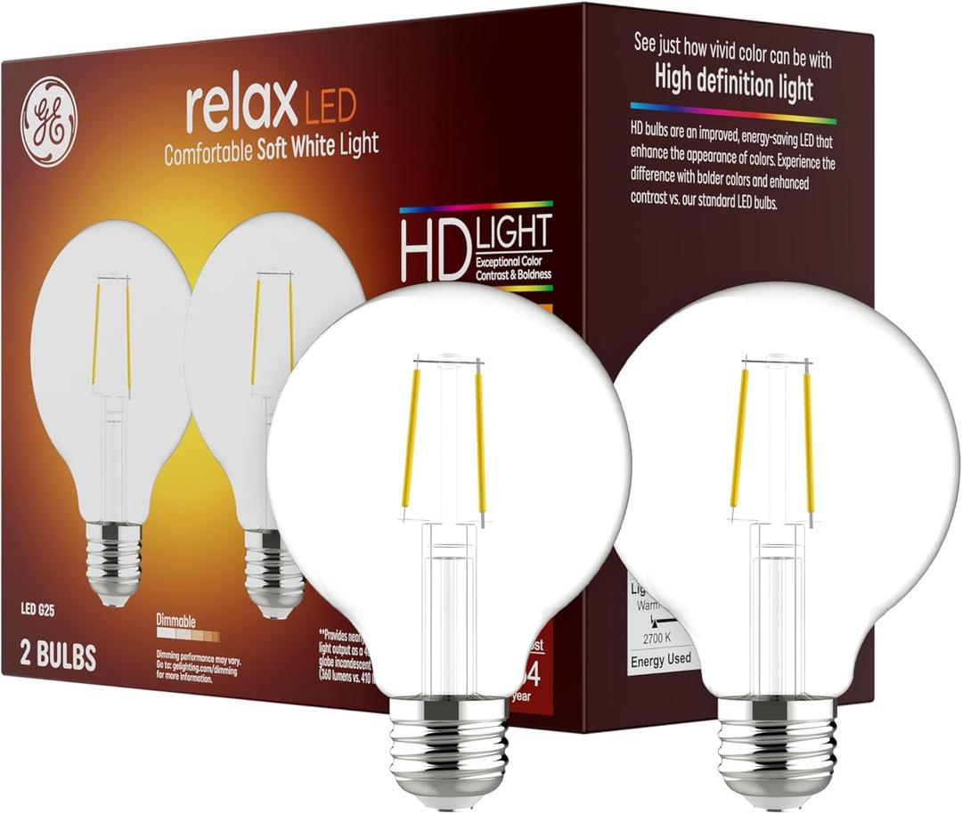 GE Relax LED Light Bulbs, 40 Watt, Soft White, G25 Globe Bulbs, Clear, Medium Base (2 Pack)
