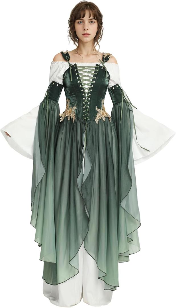 daizbella Renaissance Costume Women Ren Faire Dress Outer Garment Elf Costume for Women(Underskirt Not Included) (Green, L)