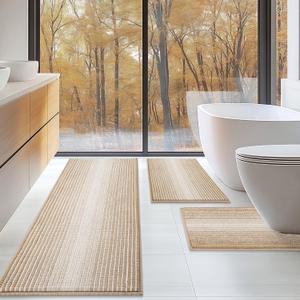 BSICPRO Bathroom Rugs Sets 3 Piece, Toilet Rugs U-Shaped Contour Bath Mat Set, Large Striped Non Slip Absorbent Chenille Shower Mat, Beige (22"x59"+ 20"x32"+U Shape 20"x24")