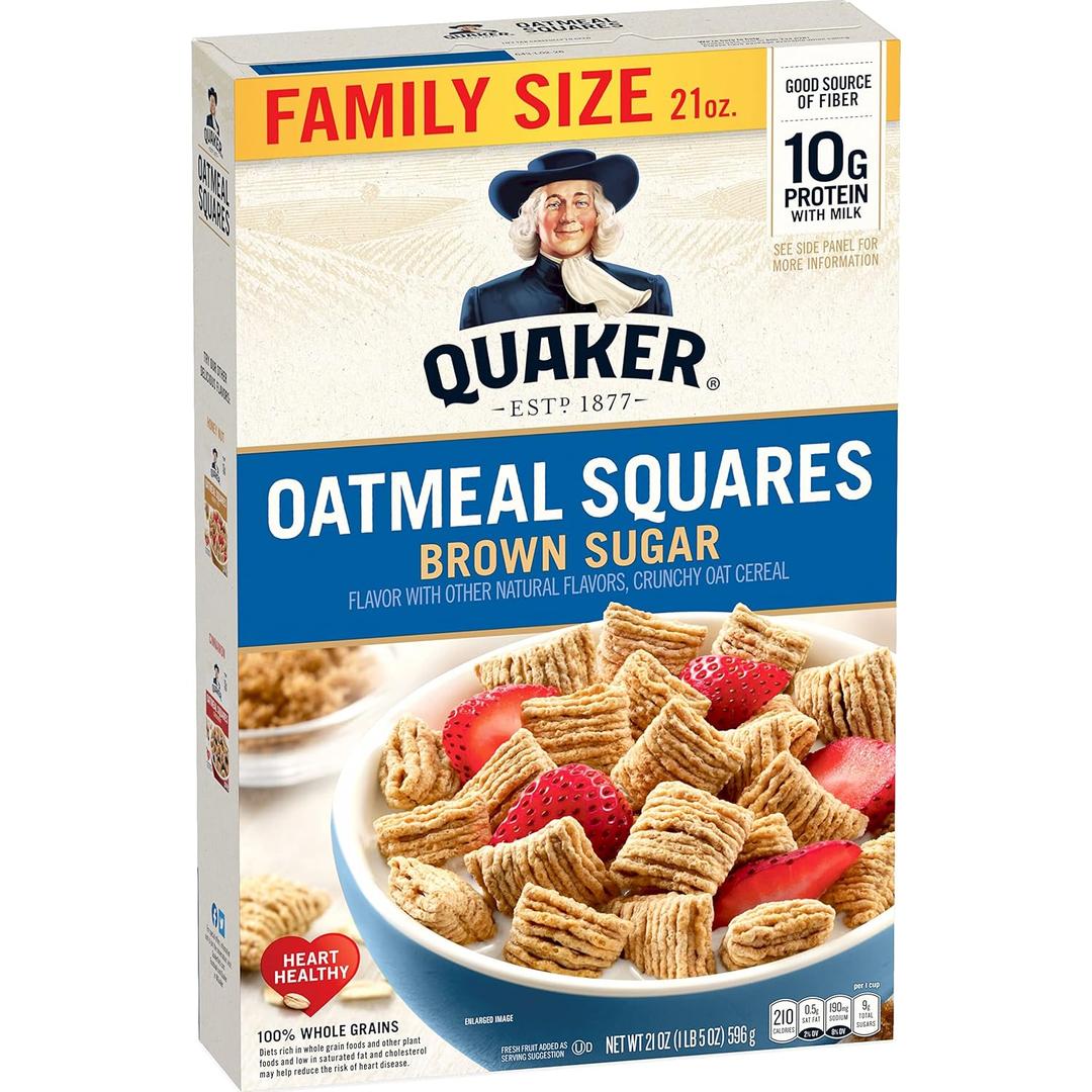 Quaker Oatmeal Squares Breakfast Cereal, Brown Sugar, 21oz Family Size Box (EXP 04/11/27)