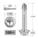 #14 x 1-1/4" (100 PCS) Sheet Metal Screws, Hex Washer Head Self Drilling Screw, 410 Stainless Steel Flanged Fast Self Tapping Screws