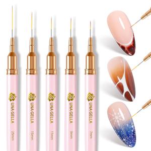 UNA GELLA Nail Art Brushes Metallic, 5 Count Liner Pens Set For Nail Art Gel Polish, Detail Nail Art Design Painting Brush Set For Nails Gel Fine Drawing Nail Tools, Sizes 7/9/11/15/25mm