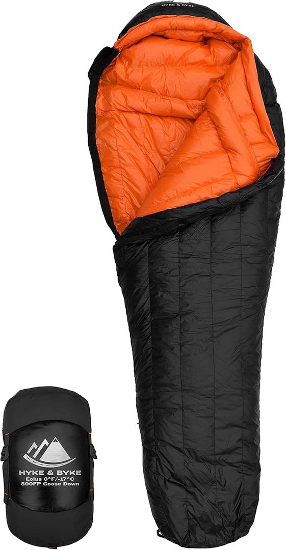 Hyke & Byke Eolus 0F Cold Weather Mummy Hiking & Backpacking Sleeping Bag - Goose Down 800 FP 4 Season Sleeping Bags for Adults - Ultralight with Compression Stuff Sack (Regular, Black/Clementine)