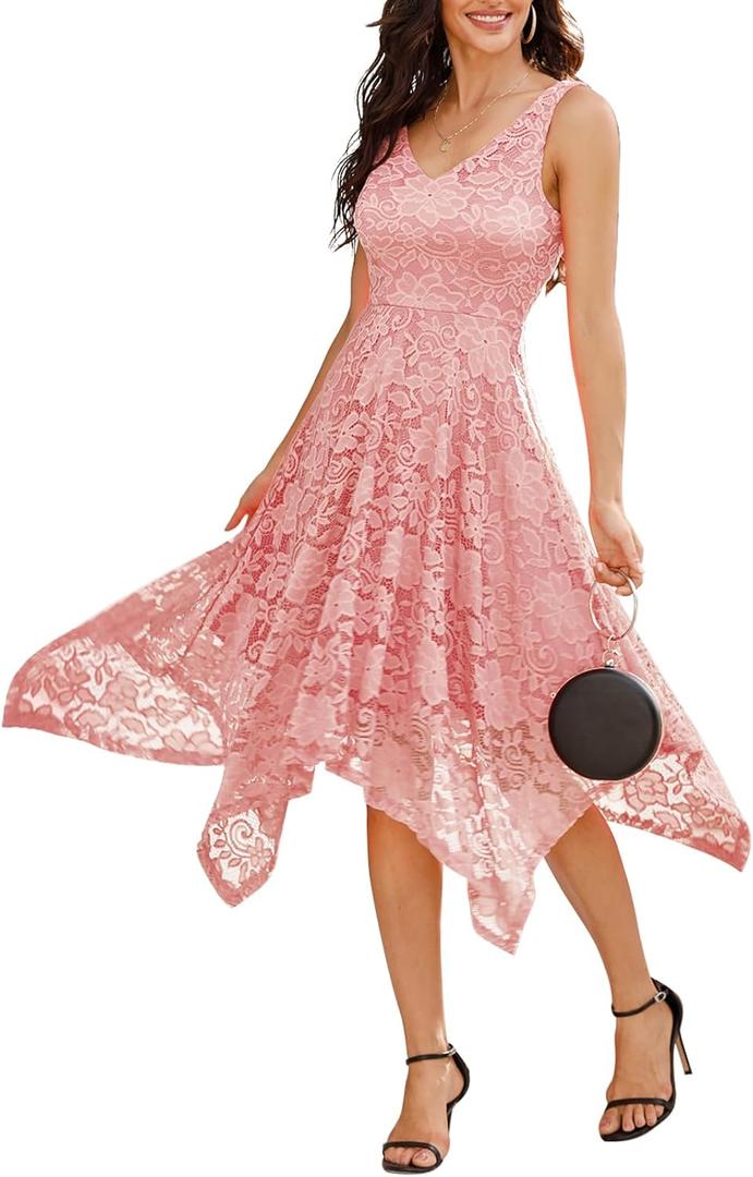 Meetjen Women's Lace Cocktail Party Dress 2025 Handkerchief Hem Bridesmaid Prom Formal Dresses for Wedding Guest (Large)