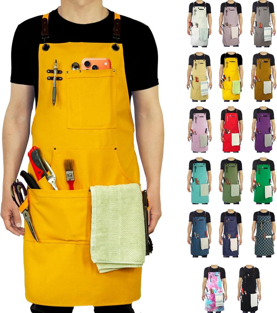 Kitchen Apron, Work Apron, Canvas, Multiple Pockets, Gardening, Painting, BBQ, Artist, Carpenter, Sizes M to XXL, Yellow