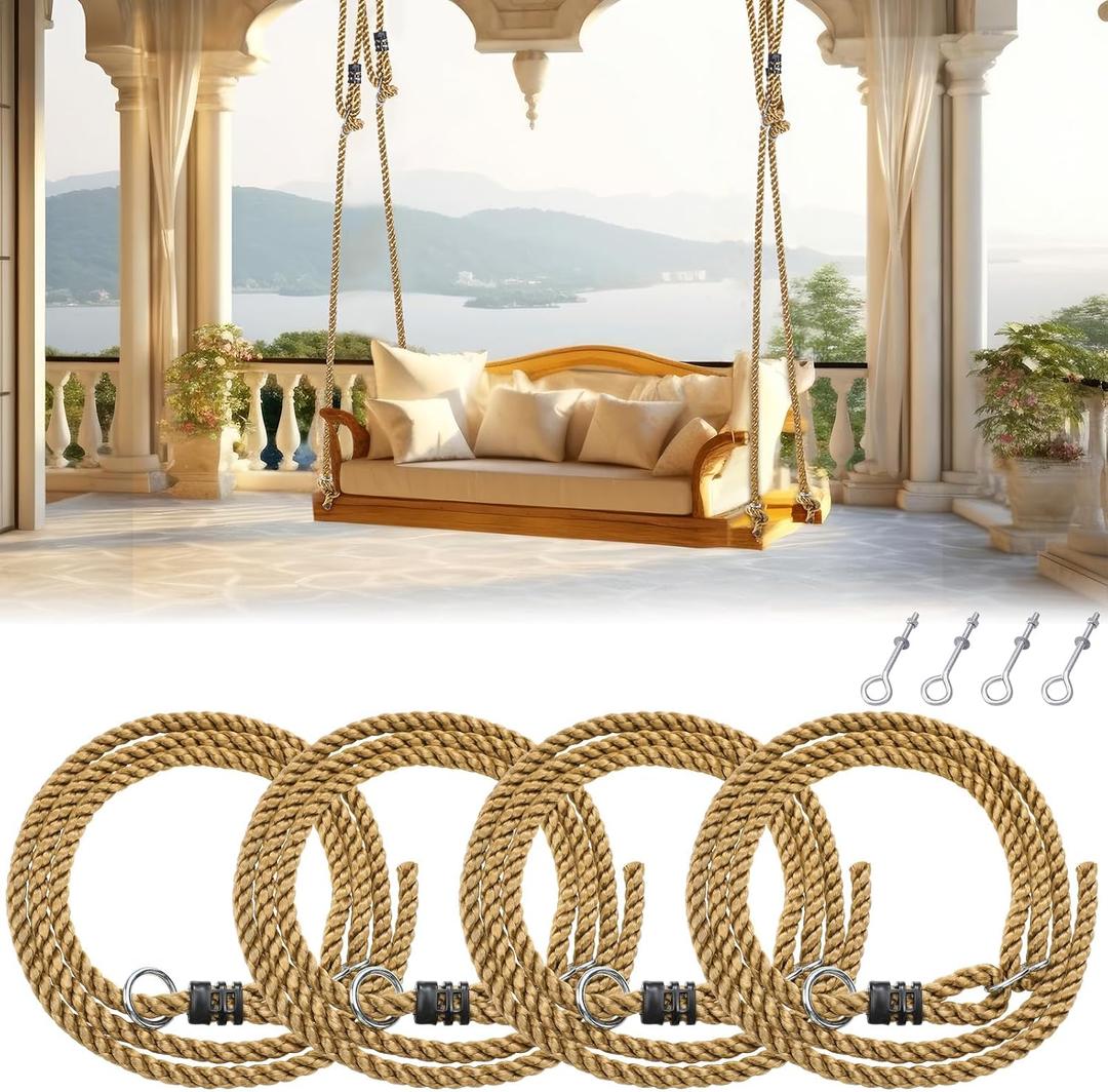 Seenelling 4 Pack Porch Swing Rope Kit Swing Bed Straps Holds 800 Lbs Adjustable Polypropylene Rope Heavy Duty Carabiners for Porch Garden Playground (118 Inches,10ft)